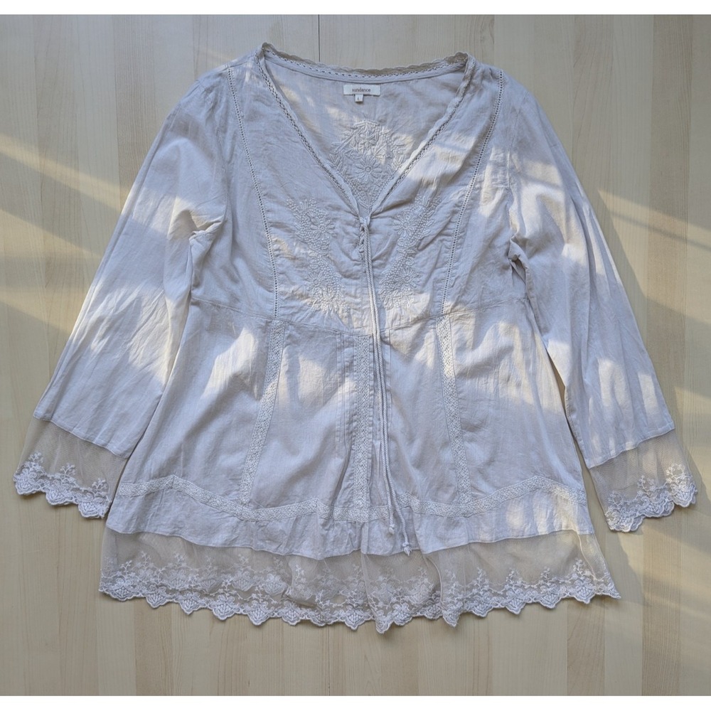 Sundance Lace Embroidered Peasant Princess Boho‎ Flute Sleeve Babydoll Tunic L